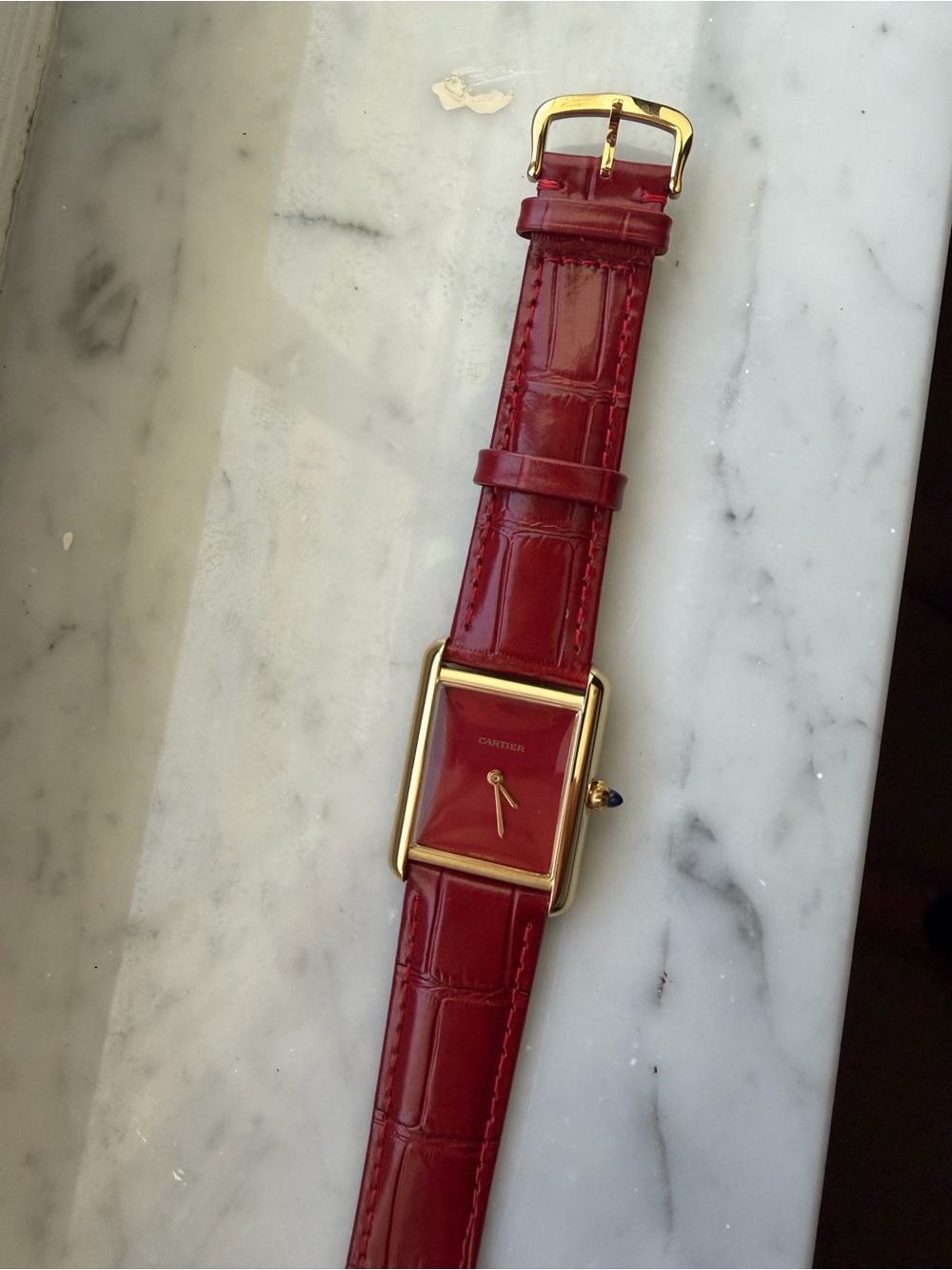 Tank watch Burgundy Dial Watch with Gold Case and Red Leather Strap